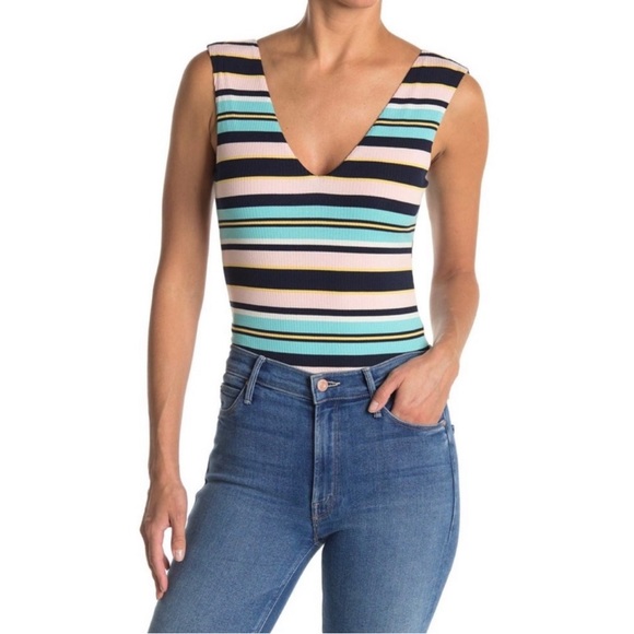 AFRM Pink, Black, and Teal Horizontally Striped Bodysuit Size M - Picture 5 of 9